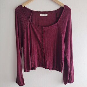 Lucky Brand Pointelle Top XXL Maroon Scoop Neck Long Sleeve Tee